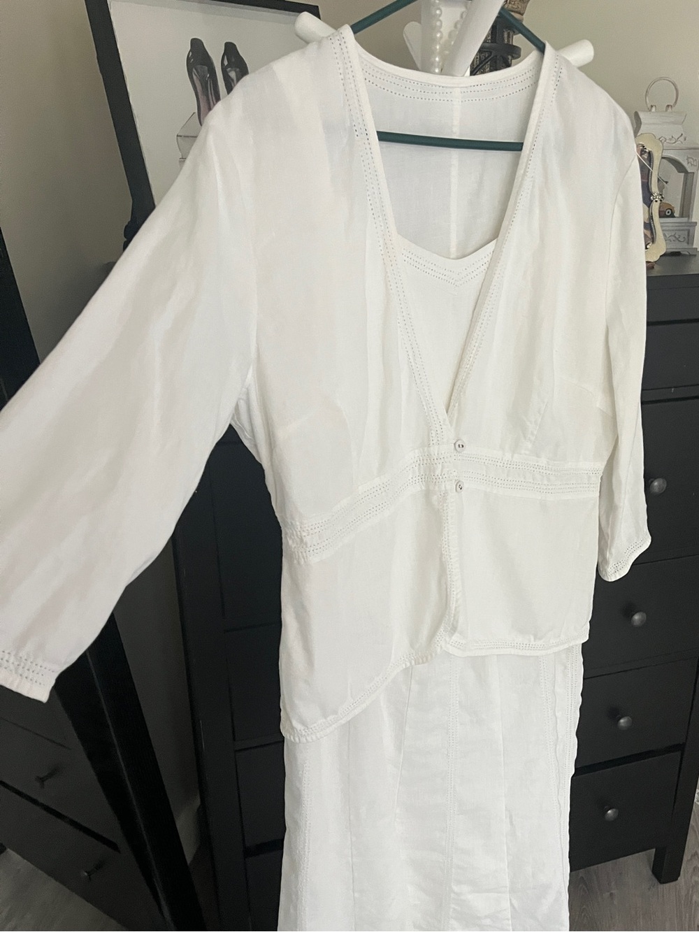 White Midi Dress with V-Neck and Lightweight Jacket